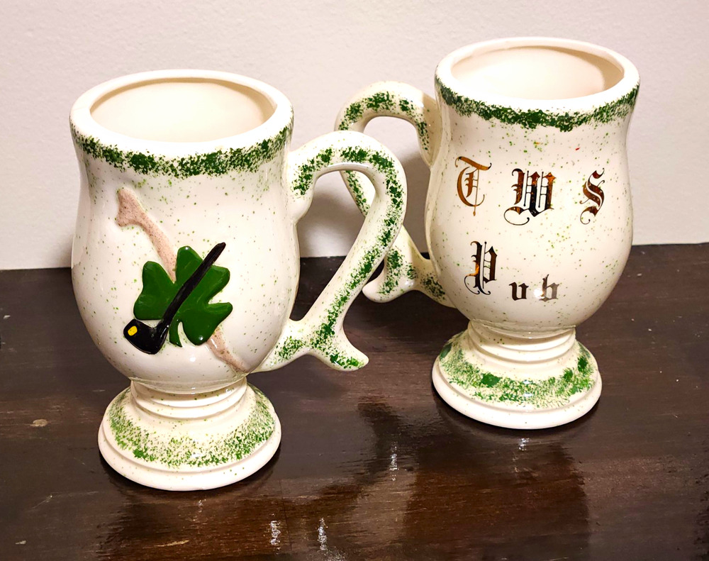 Set Of 2 Vintage Handmade Spatterware Irish Pedestal Pub Mugs 70's-80's